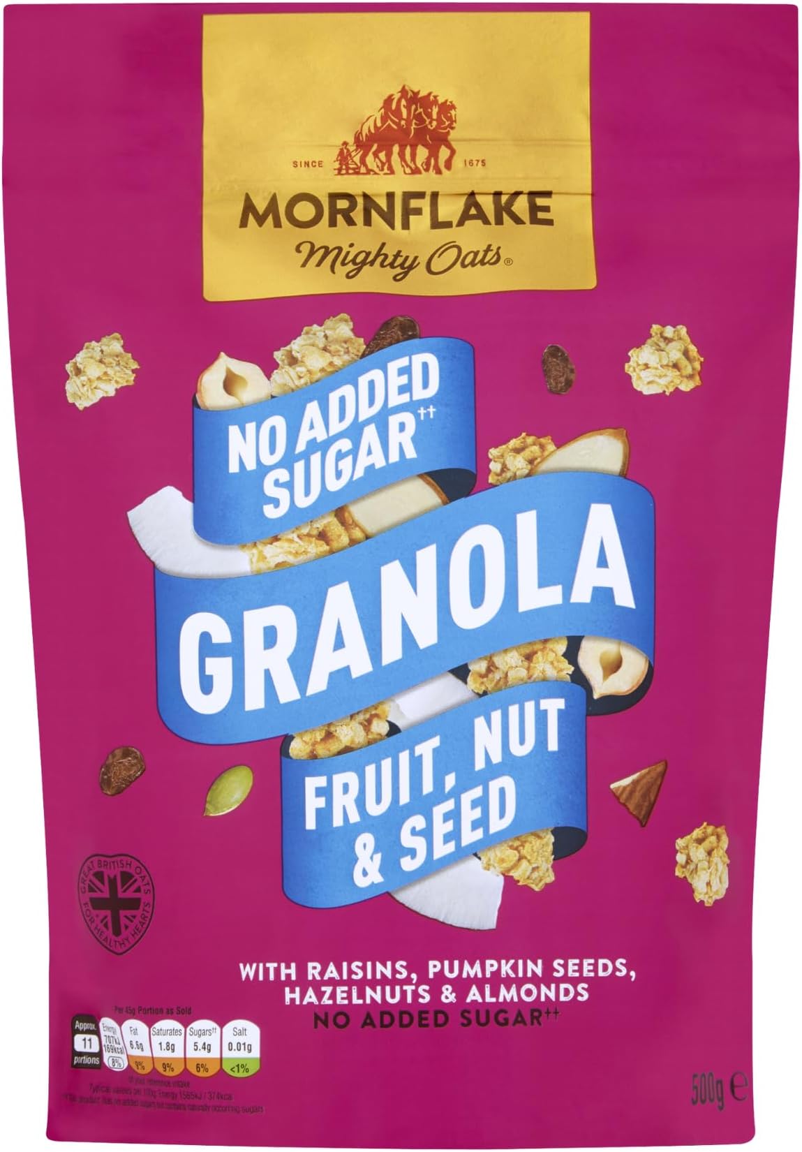 Mornflake - Fruit, Nut And Seed Granola With No Added Sugar. 1x 500g Sachets. High Fibre Granola Cereal. Breakfast Cereal with Raisins, Pumpkin Seeds, Hazelnuts & Almonds (Pack of 1)