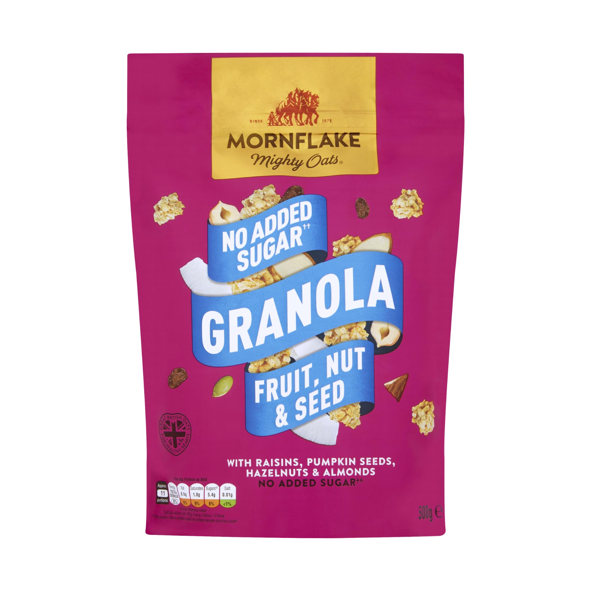 Mornflake - Fruit, Nut And Seed Granola With No Added Sugar. 1x 500g Sachets. High Fibre Granola Cereal. Breakfast Cereal with Raisins, Pumpkin Seeds, Hazelnuts & Almonds (Pack of 1)