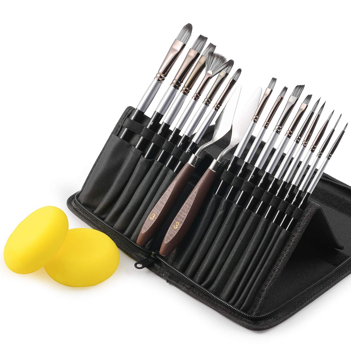 Paint Brush Set of 19 – 15 Different Shapes + 2 Palette Knives + 2 Sponges, Paint Brushes Set for Acrylic Watercolor Oil Creative Body Paint with Portable Carrying Case (Black&Silver)