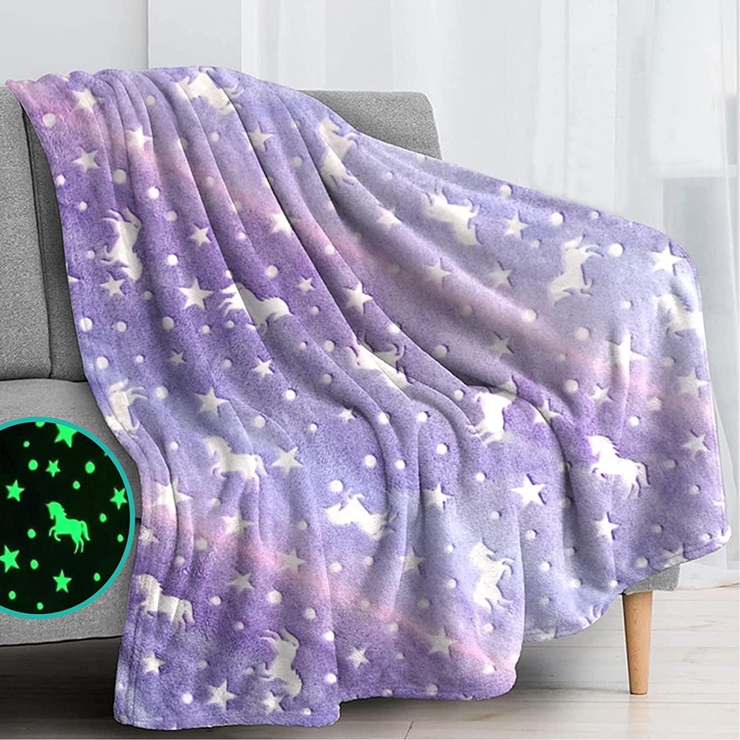 Glow in The Dark Blanket Bedroom Decor |Gifts for Toddler- Kids-Teens Boys & Girls |Travel Lightweight -Throw Blankets (Purple Unicorn 2)