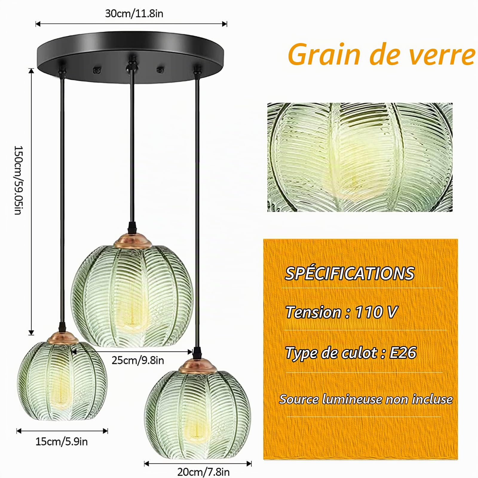 Suspension en Verre Vert Clair Suspension Luminaire Abat-jour Verre Art Déco Lampe Salon Salle à Manger,Cordon Réglable,Luminaire Suspendu pour Chambre à Coucher, Salon, évier de Cuisine (3SET)