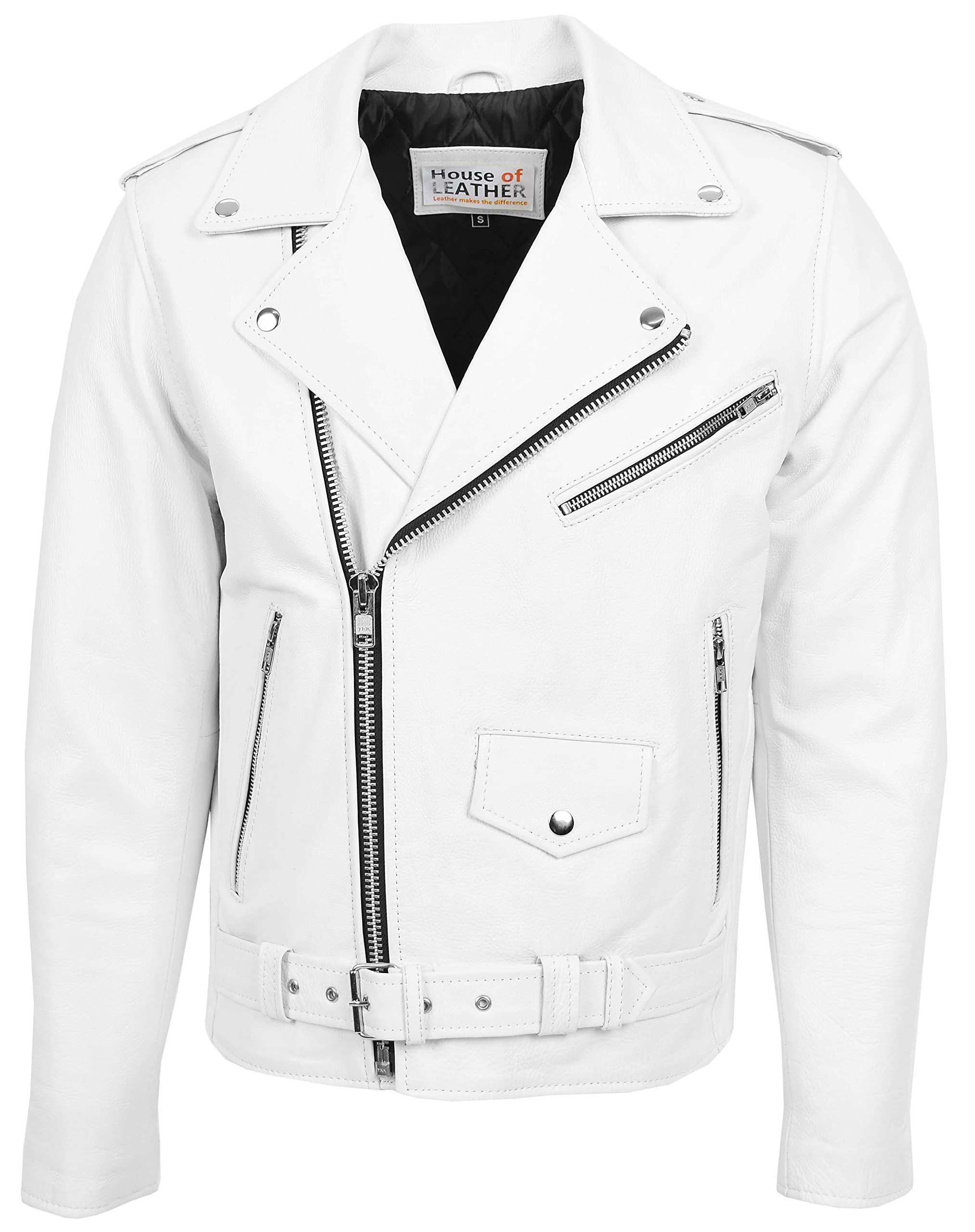 Mens Real Leather Biker Jacket Cross Zip Brando Style Kyle (XL, White)