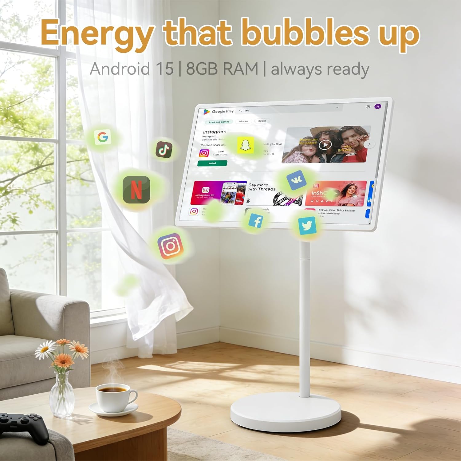 Teamgee 32-Inch Portable Smart TV on Wheels, Android 15, 8GB RAM, 20W Stereo Speakers, Full Swivel Stand, Voice Remote – M01 Vibrant Edition