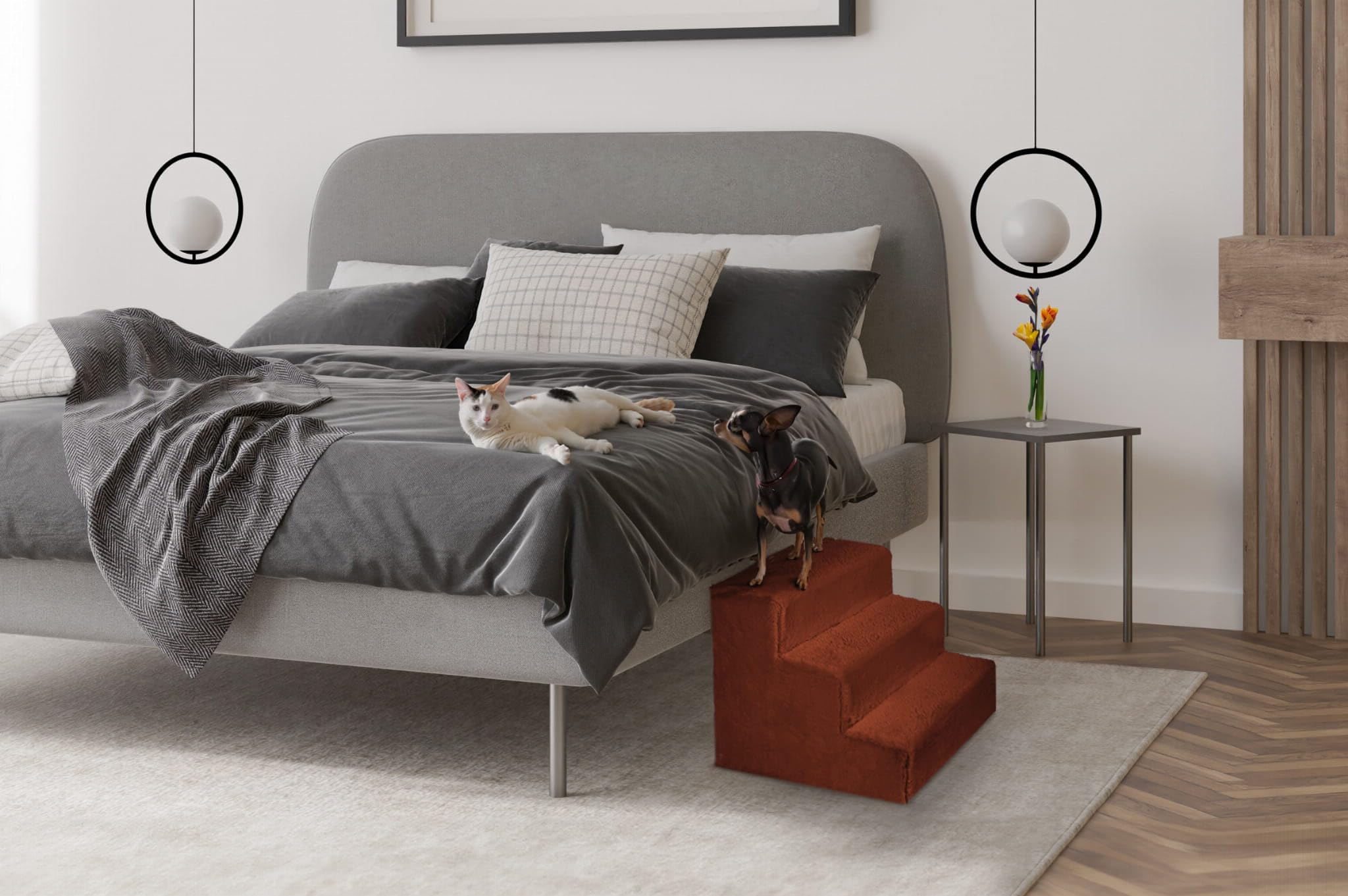 MG Design Escalera para Mascotas de Naranja – 3 peldaños – Marco de Madera Estable, Ligera y cómoda, para sofá y Cama, para Perros y Gatos