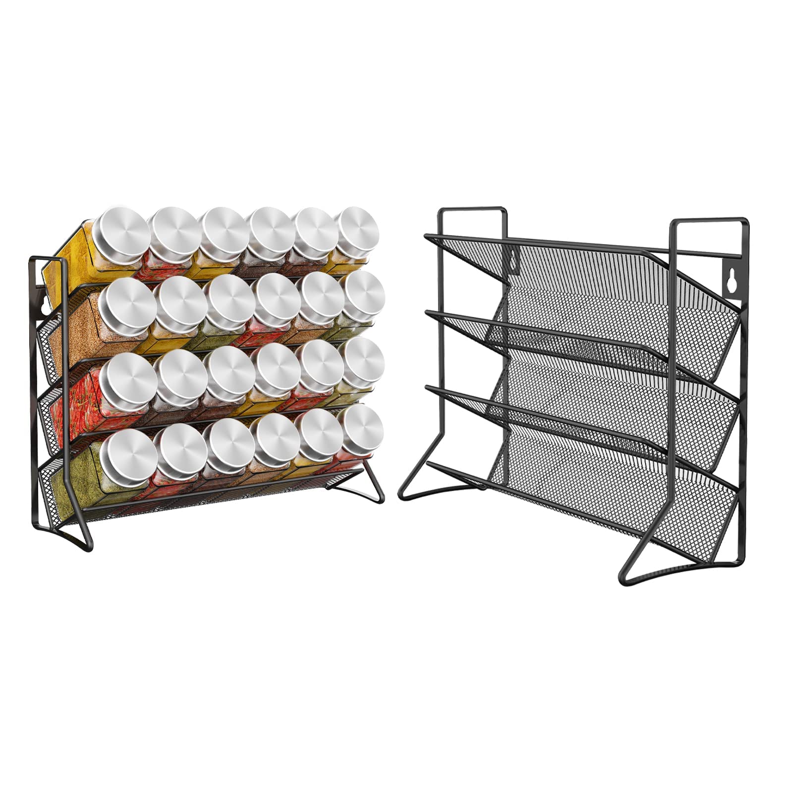 3 Tier Spice rack Free standing Metal Kitchen Shelf herbs Spice Bottle Jars Storage Tidy Condiment holder for Countertop Cabinet, set of two, without jars (black)