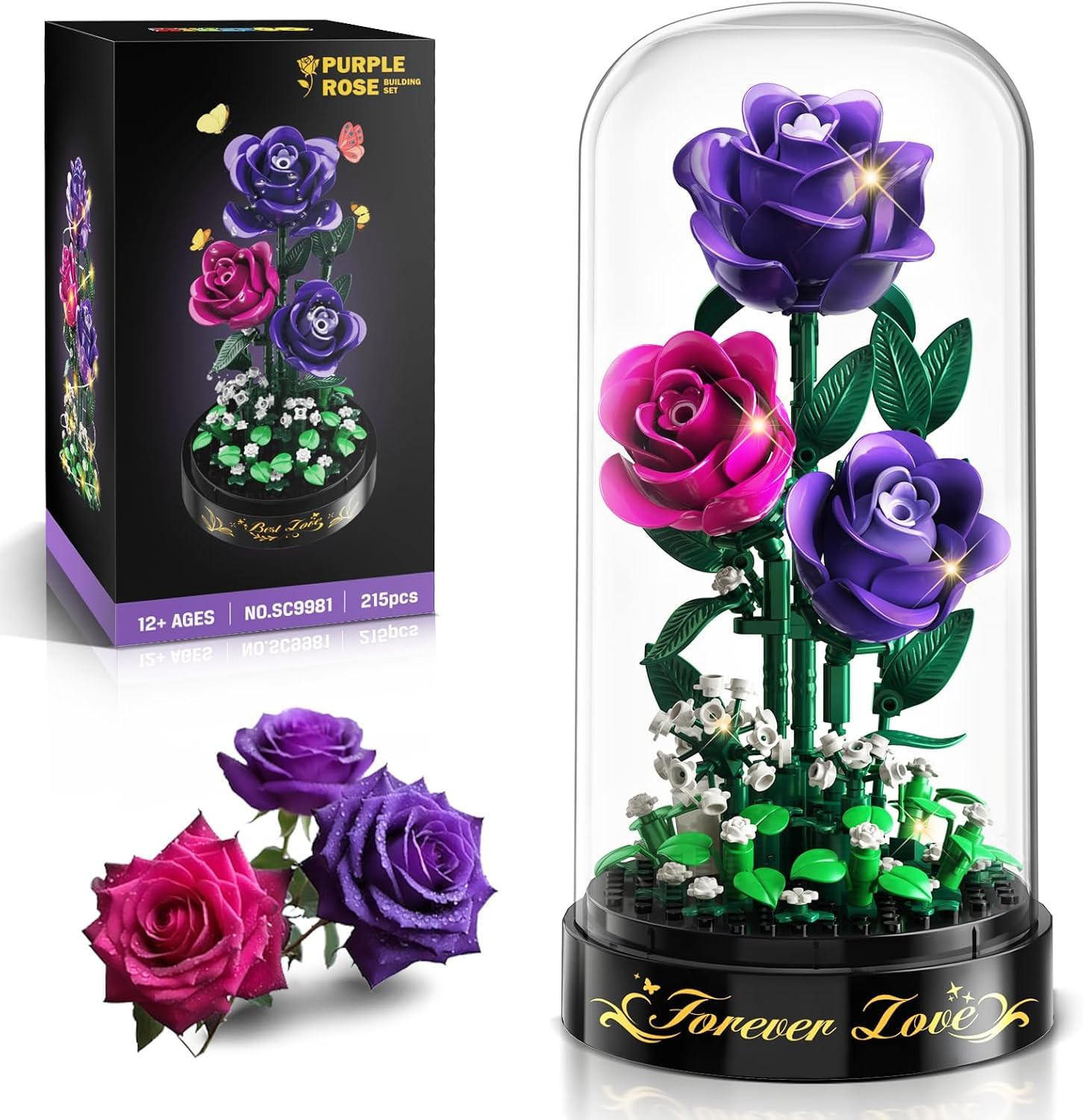 HiWEEGO Blumen Rosen Bauset mit LED Licht & Abdeckung – 219 Teile Rosenstrauß Ostergeschenke, 3,6 MM Mini Botanische Künstlicher Blumenstrauß Mini Bausteinspielzeug Heim Dekor