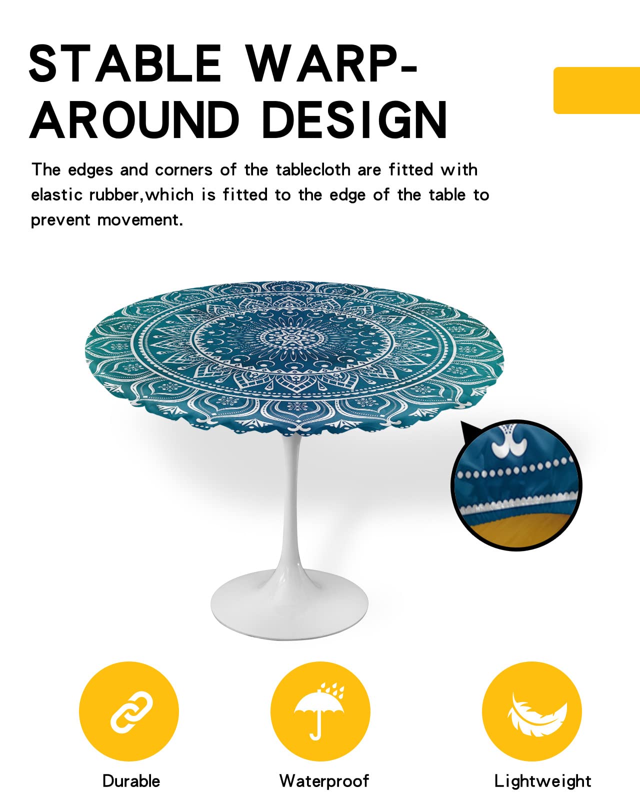 SEVENBABU Round Table Cover 55-60 Inch, Waterproof Reusable Table Cloth Round Fitted Vinyl Tablecloth with Elastic Edged for Parties Outdoors, Boho Style Mandala Pattern Green Gradient