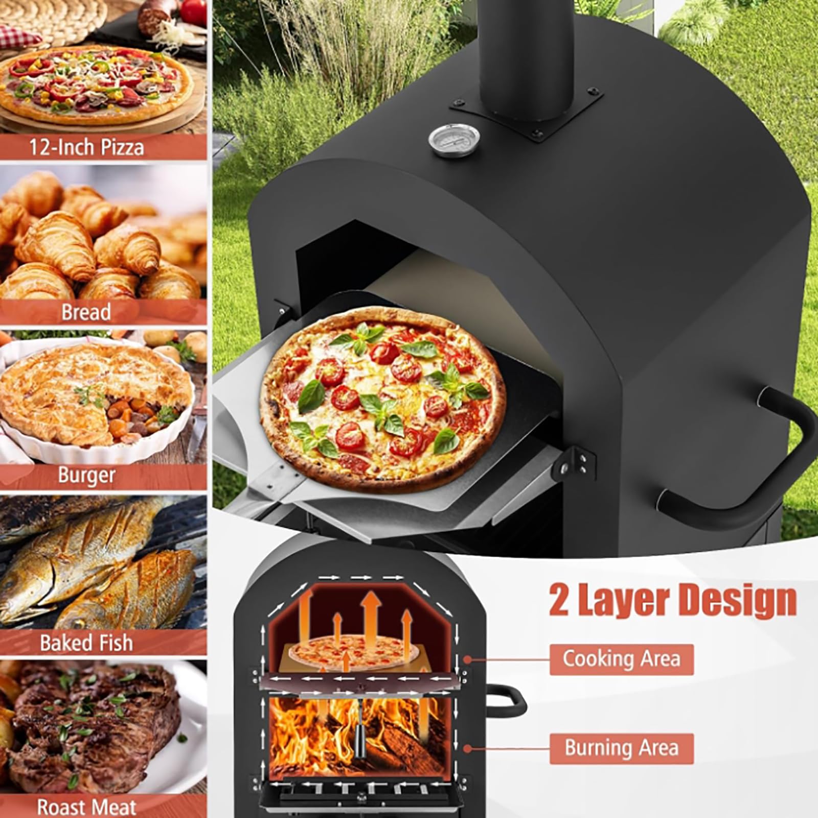 MObyat Forno per Pizza da Esterno, Forno per Pizza in Acciaio su Ruote, con Pietra refrattaria, Grill e griglia a Carbone, Ideale per Barbecue, Campeggio e Feste in Giardino