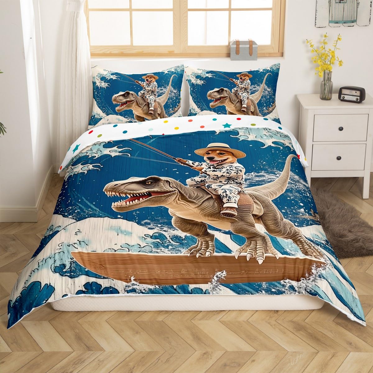 jejeloiu Funny Dog Bedding Set Cool Dinosaur Duvet Cover for Kids Boys Girls Japanese Ocean Wave Comforter Cover Wooden Print Bedspread Cover Room 2Pcs Toddler Size,Zipper,No Comforter