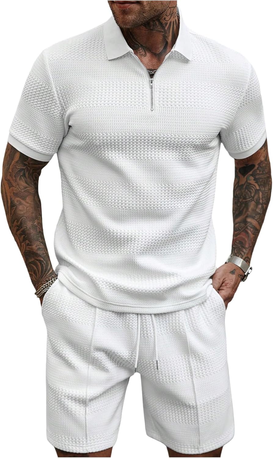 VIPWOLF Men's 2 Piece Set Fashion Golf Shirt Short Sleeve and Vintage Shorts Casual Hawaiian Beach Summer Outfits White Large
