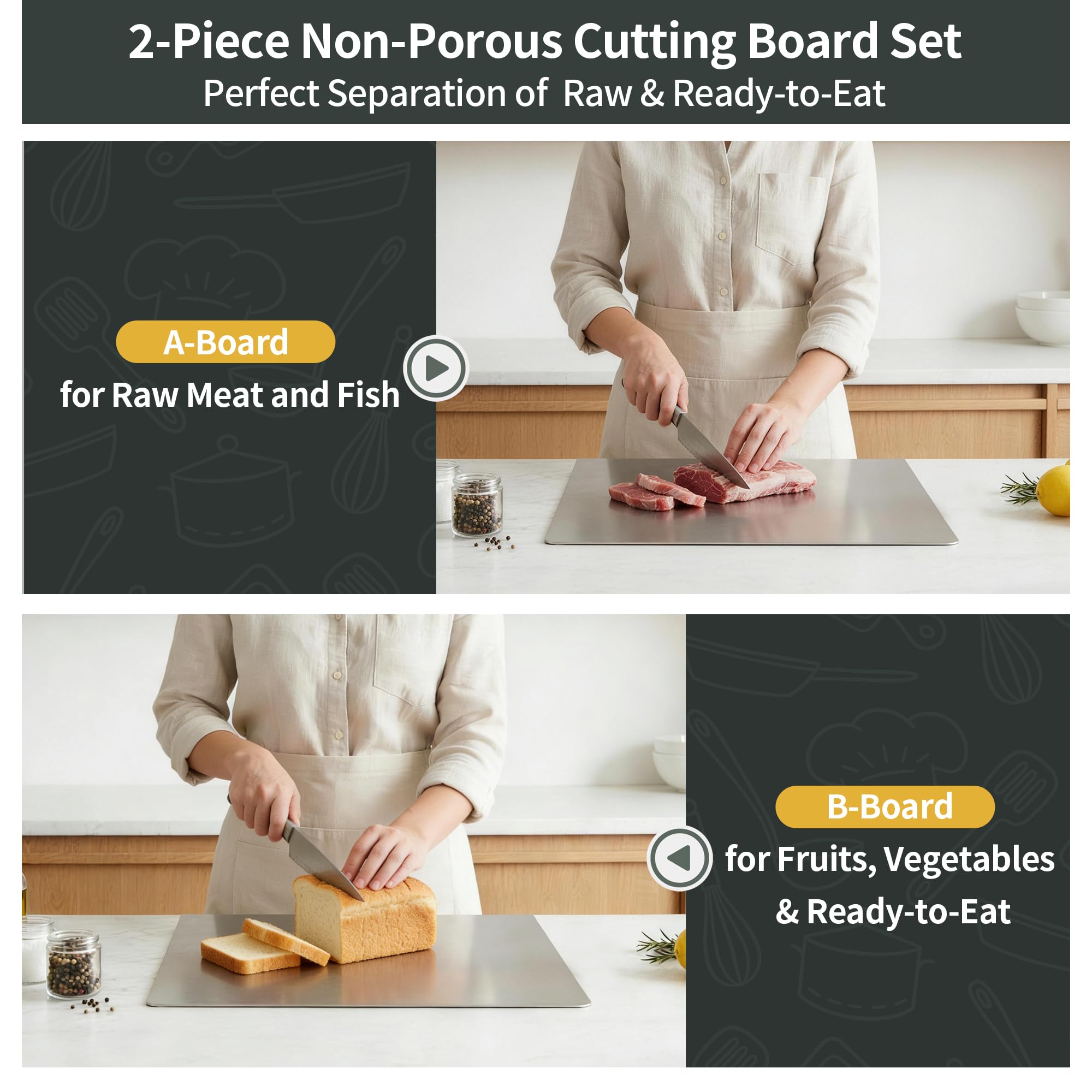Juego de tablas de cortar de acero inoxidable para cocina, paquete de 2 tablas de cortar de metal con borde de mostrador, tabla de cortar apta para lavavajillas, para carne, verduras, frutas, pan