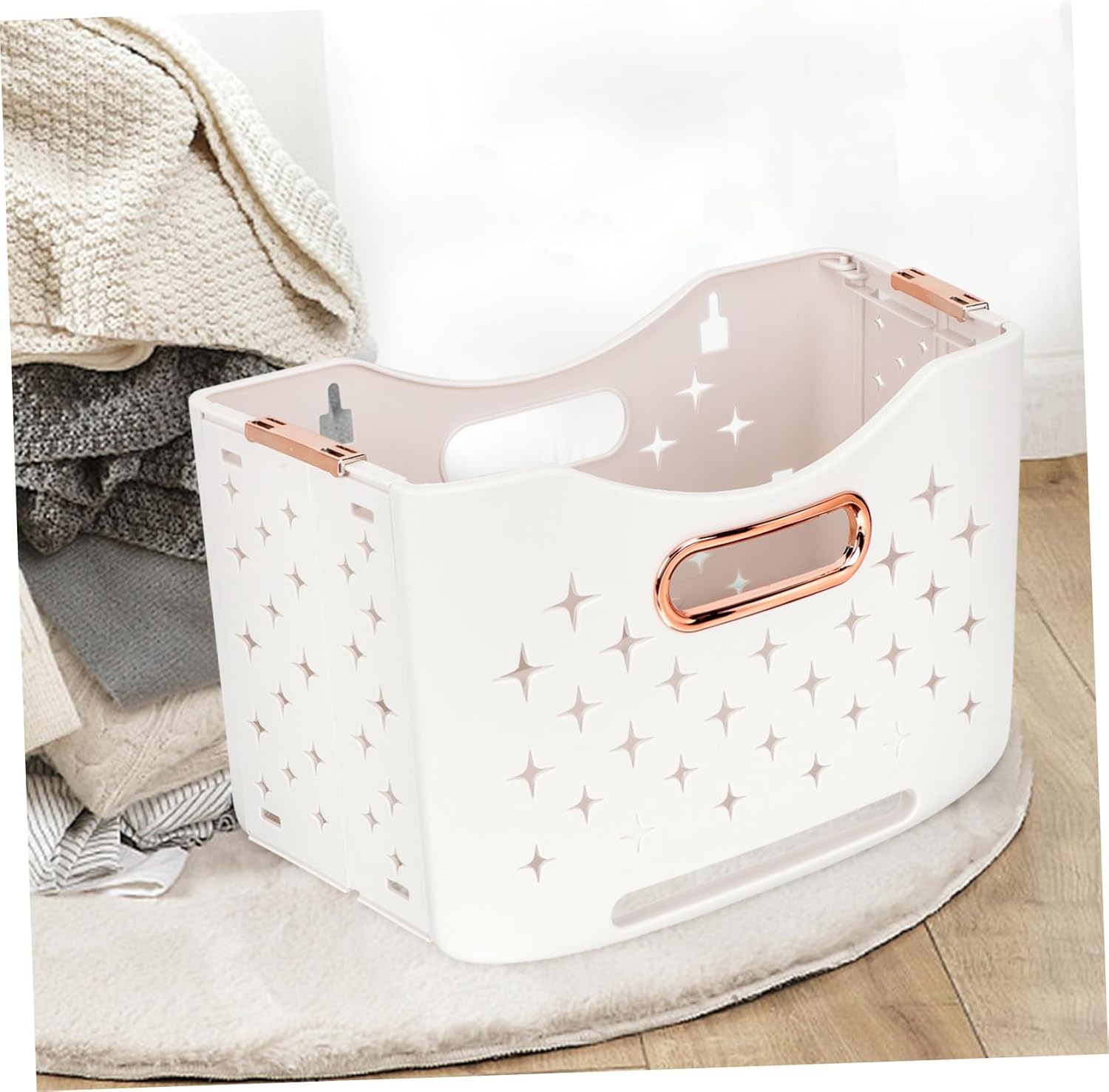 Collapsible Laundry Basket Gold Handle Capacity Foldable Laundry Hamper for Bathroom Bedroom Storage Organizer Fold-up Clothes Basket with Stable Bottom Buckle