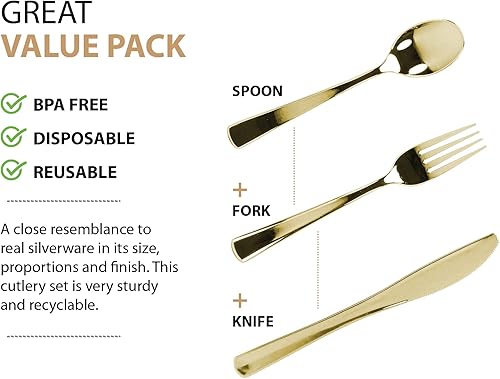 Miniatura 3 de Combo de cubiertos de plástico metálico pulido de alta calidad  Tenedores de plástico perfectos, cucharas y cuchillos de plástico para fiestas