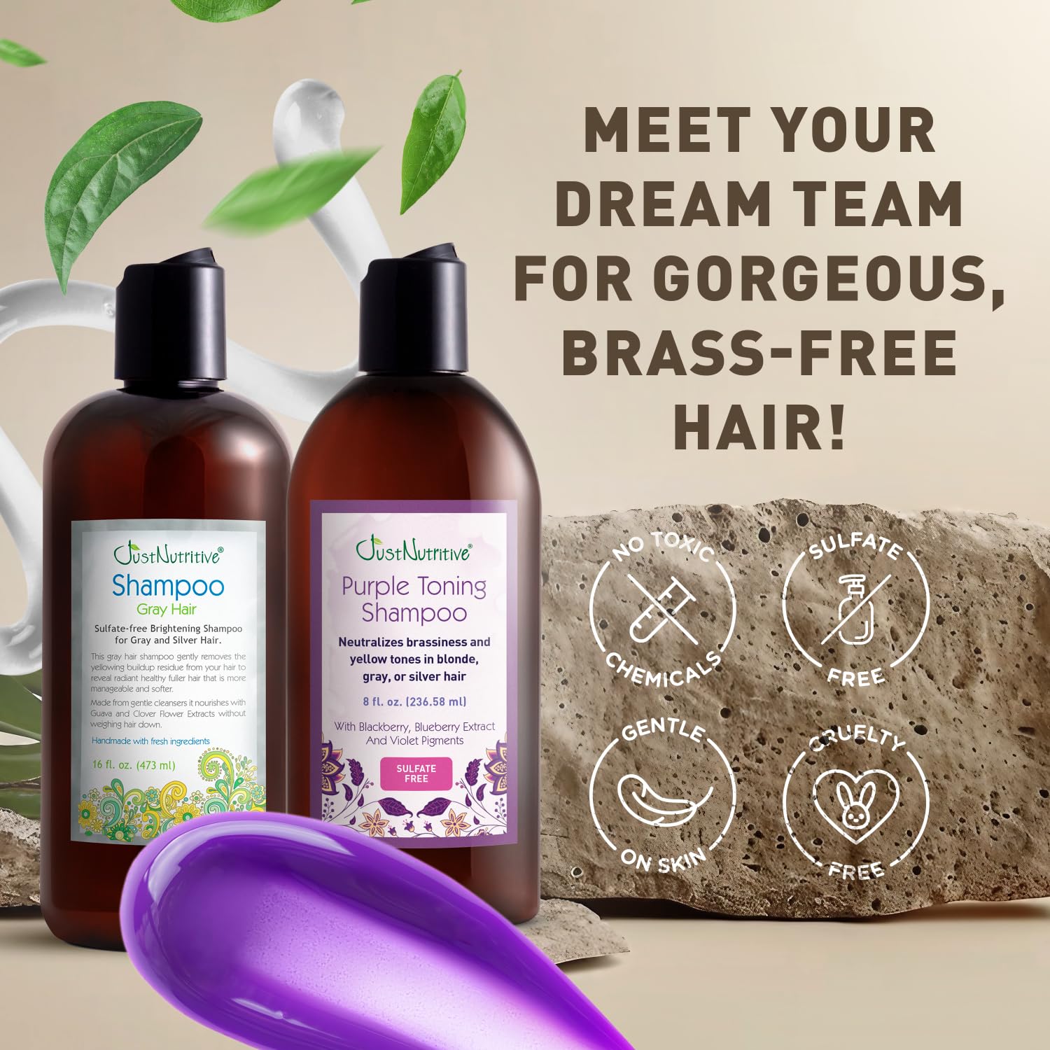Just Nutritive Silver & Gray Hair Perfecting Duo | Hydrating Gray Hair Shampoo & Anti-Brass Purple Shampoo 16 & 8 Fl Oz.