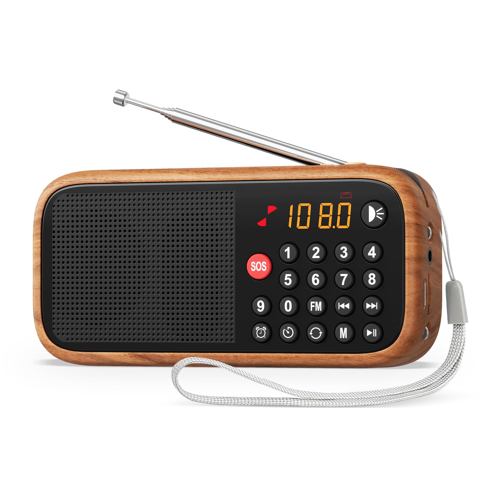 LEOTEC Portable FM Bluetooth Radio Rechargeable,Digital Radio,Retro Wood Table Radios Alarm Clock with Best Reception,Type-C Charging/SOS/AUX/USB,Great for Indoor,Outdoor