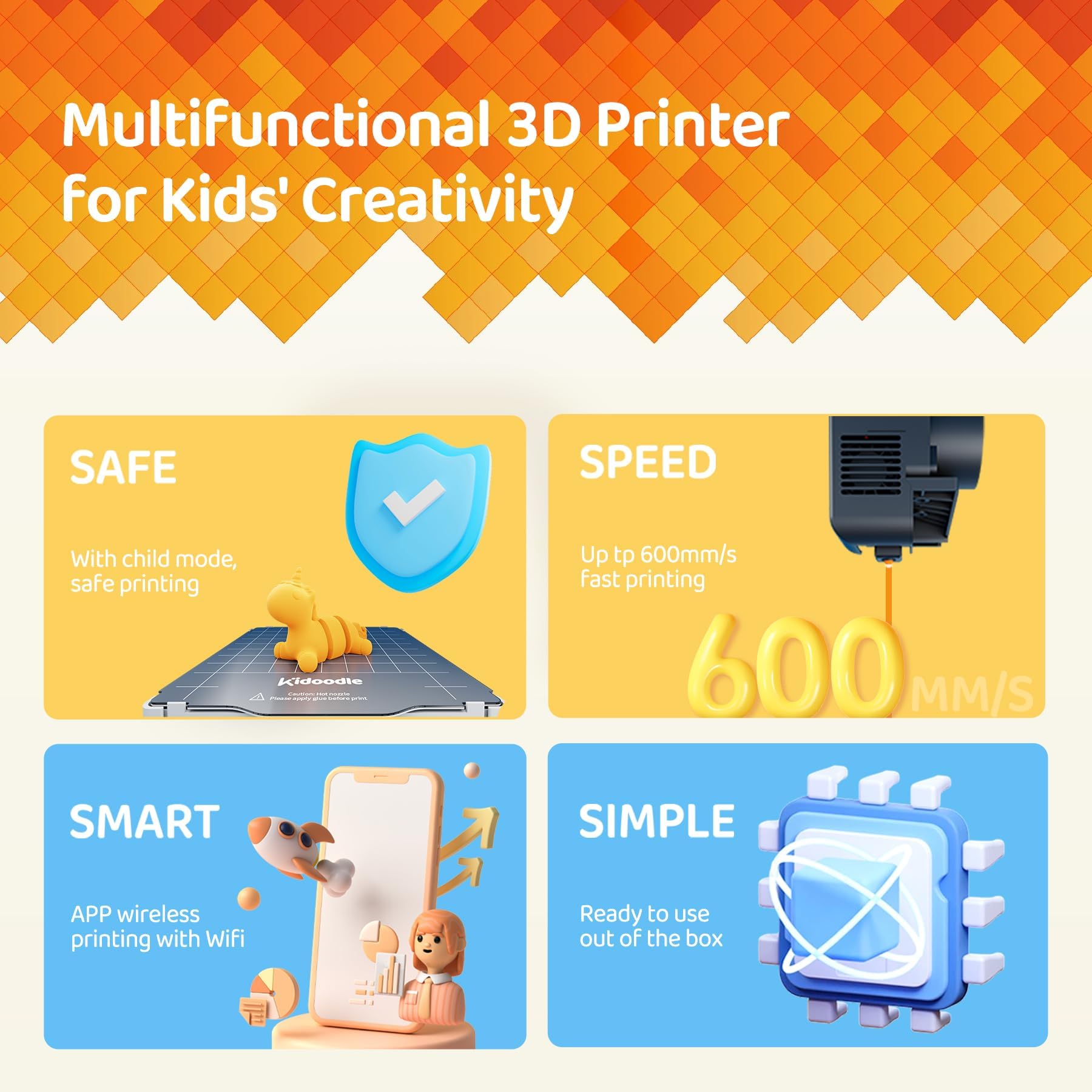 Kidoodle 3D Drucker Kinder - Mini 3D Drucker, Safe for Children STEM Learning Mate, Wi-Fi & App Control, Weekly Update Toy Library, Touch Screen, Toy 3D Printer, Easy Setting/One Click to Print