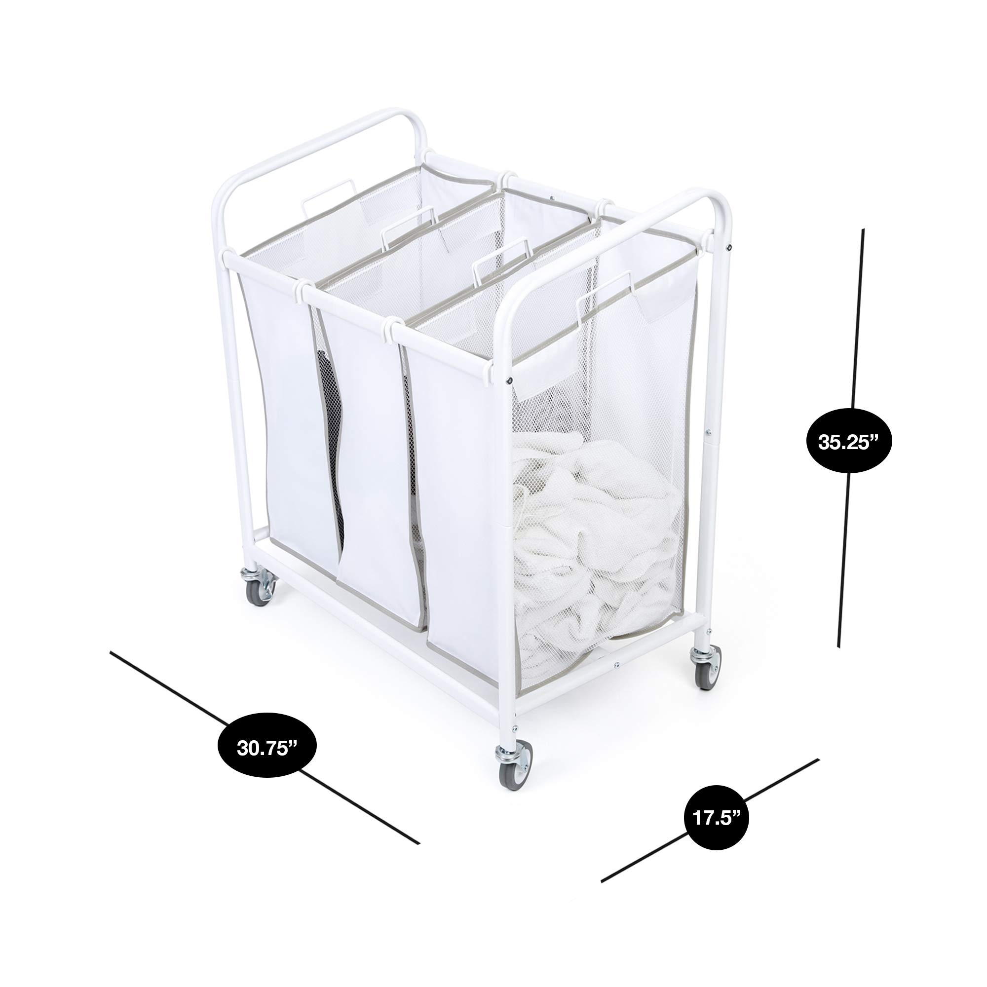 Smart Design Premium Rolling 3 Compartment Mesh Laundry Sorter Hamper w