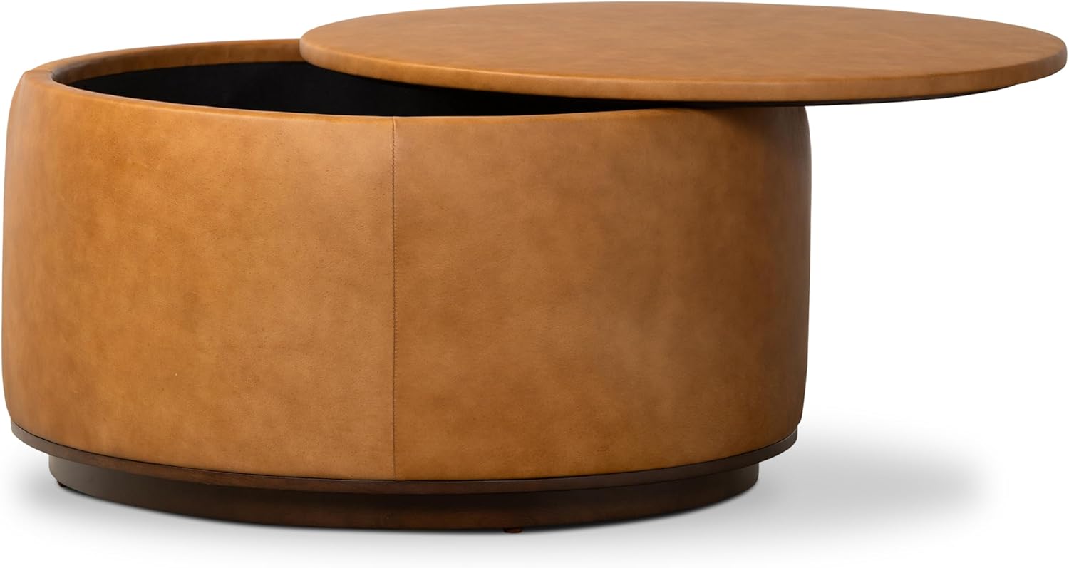 POLY & BARK Herve Storage Ottoman – Round Italian Full-Grain Leather Ottoman with Hidden Storage – Solid Wood Base in Walnut Finish – Cognac Tan Cognac Tan Storage Ottoman