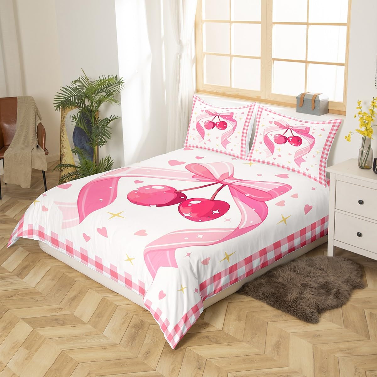 Homemissing Pink Bowknot Duvet Cover Set Cot Size For Kids Girls Toddler Women Cute Bow Cherry Bedding Set Love Heart Comforter Cover with 1 Pillowcase Dreamy Princess Style Beds Set - Image 3