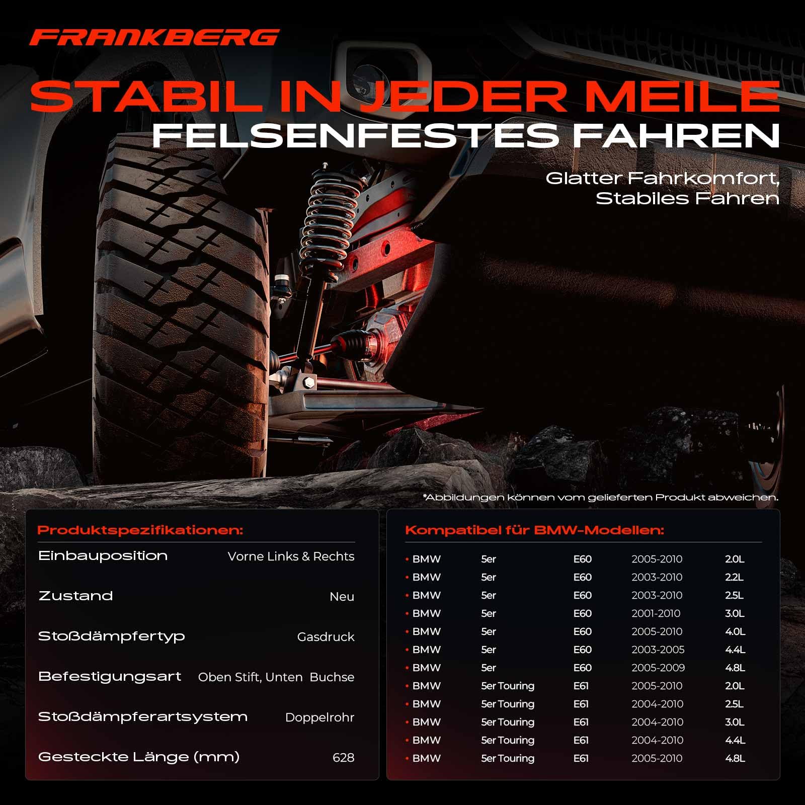 Frankberg 2x Stossdämpfer Stoßdämpfer Vorne Links Rechts 628mm Gasdruck Kompatibel mit 5er Touring E61 5er E60 Replace# 31326764458,31306775057