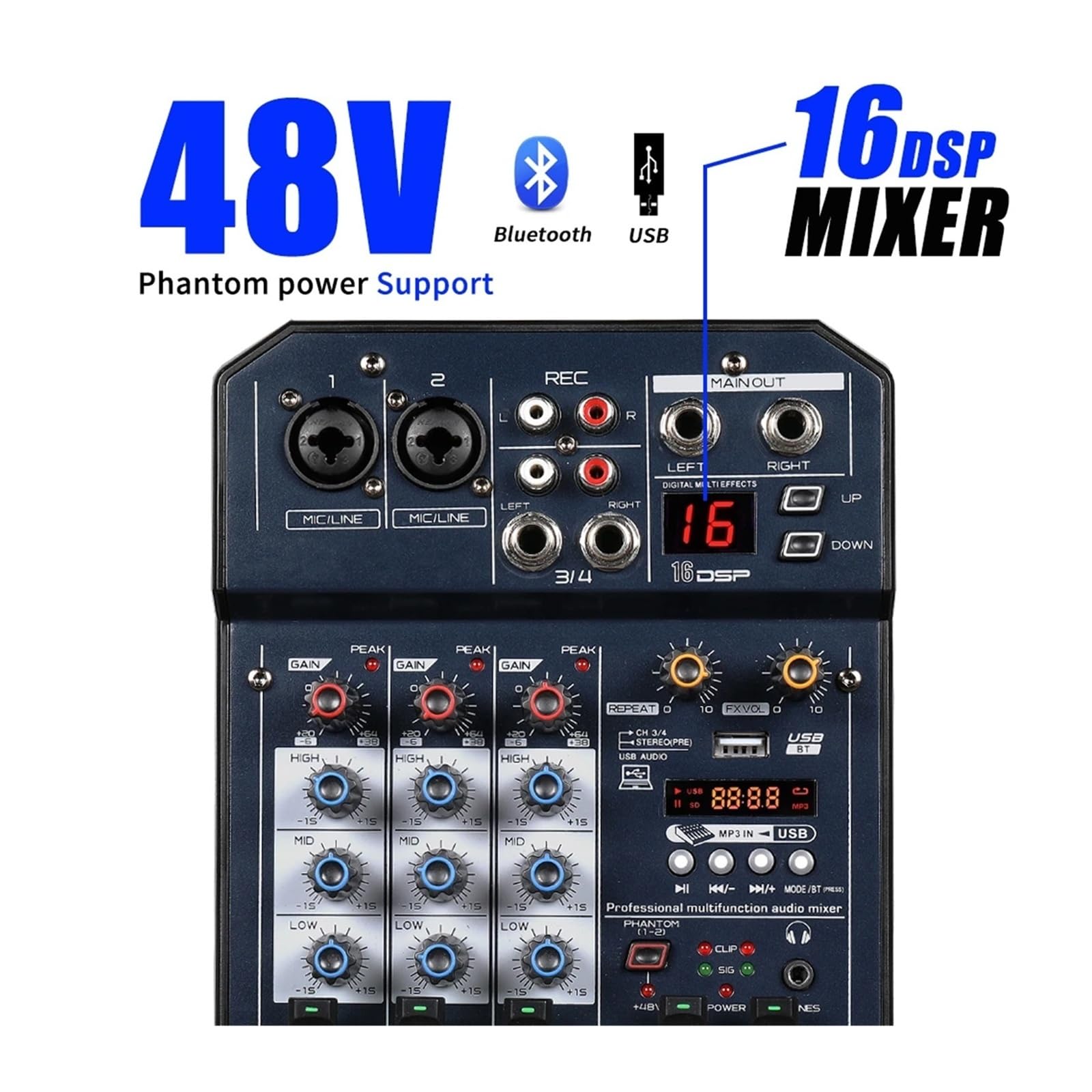 Mikser dźwięku, T4 Przenośna karta dźwiękowa Mikser konsolowy Wbudowane zasilanie Phantom 48 V Obsługuje odtwarzacz MP3 BT DJ Live Party Mixer(T6)