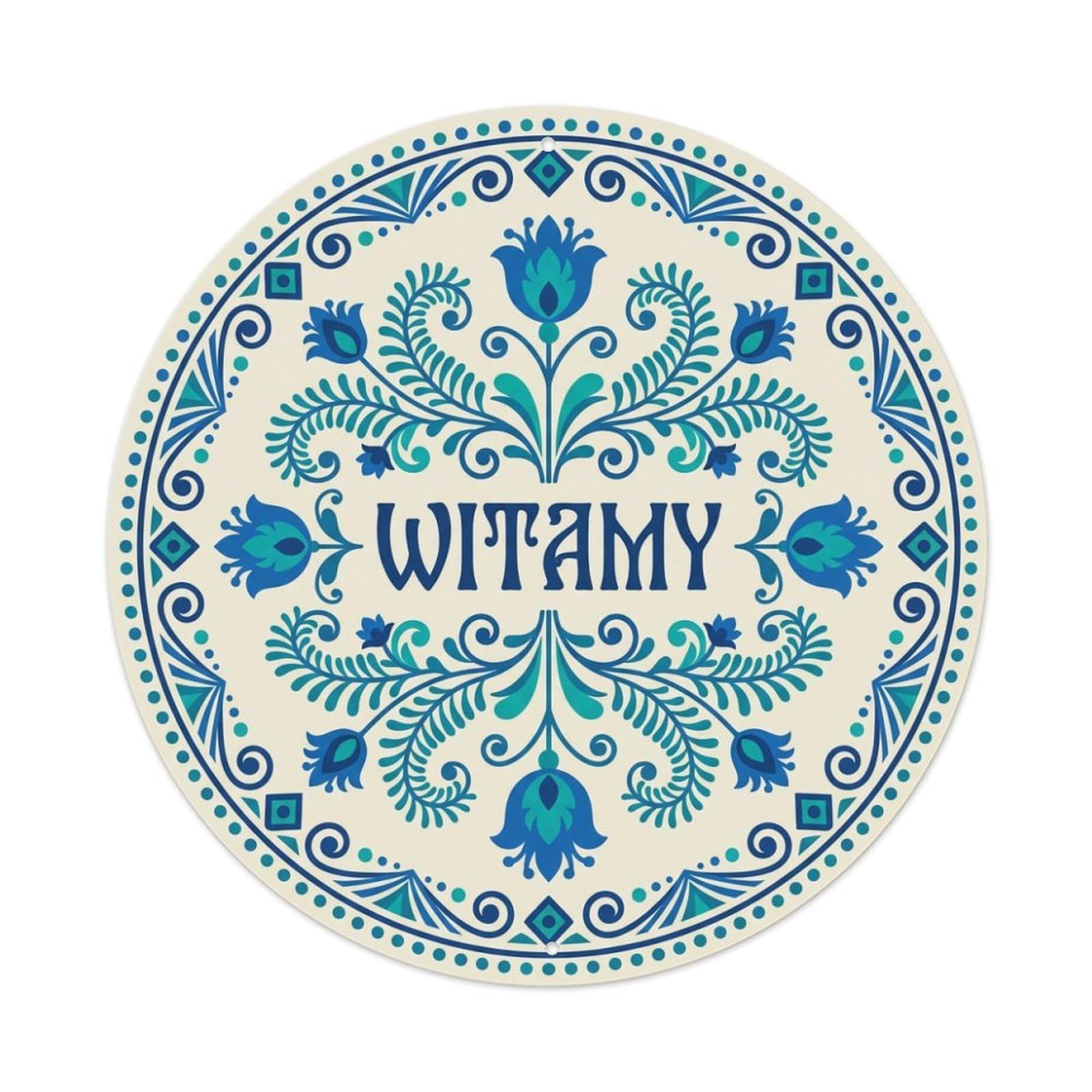 Fyrn Style Metal Tin Sign Vintage Polish Folk Art Witamy Welcome Sapphire Fern