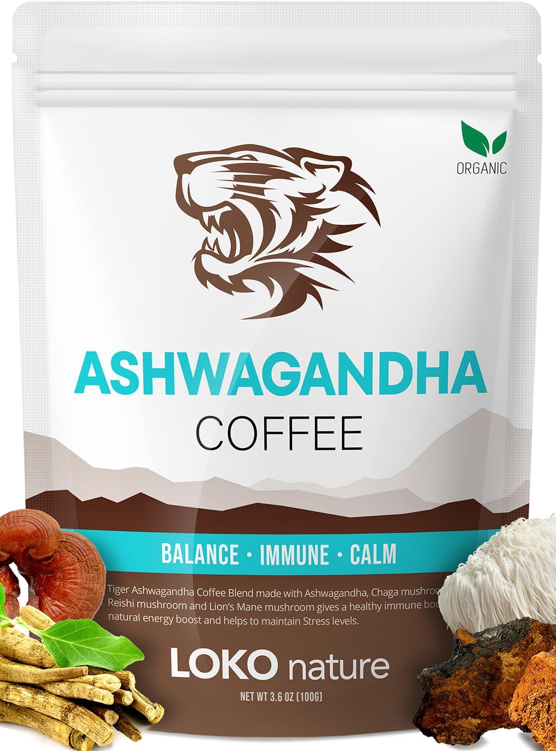Tiger Ashwagandha Instant Mushroom Coffee - 30 Servings Arabica Blend with Reishi, Chaga & Lion's Mane | Adaptogen, Vegan, Antioxidant Support, Gluten-Free | Immune Booster, Focus & Energy