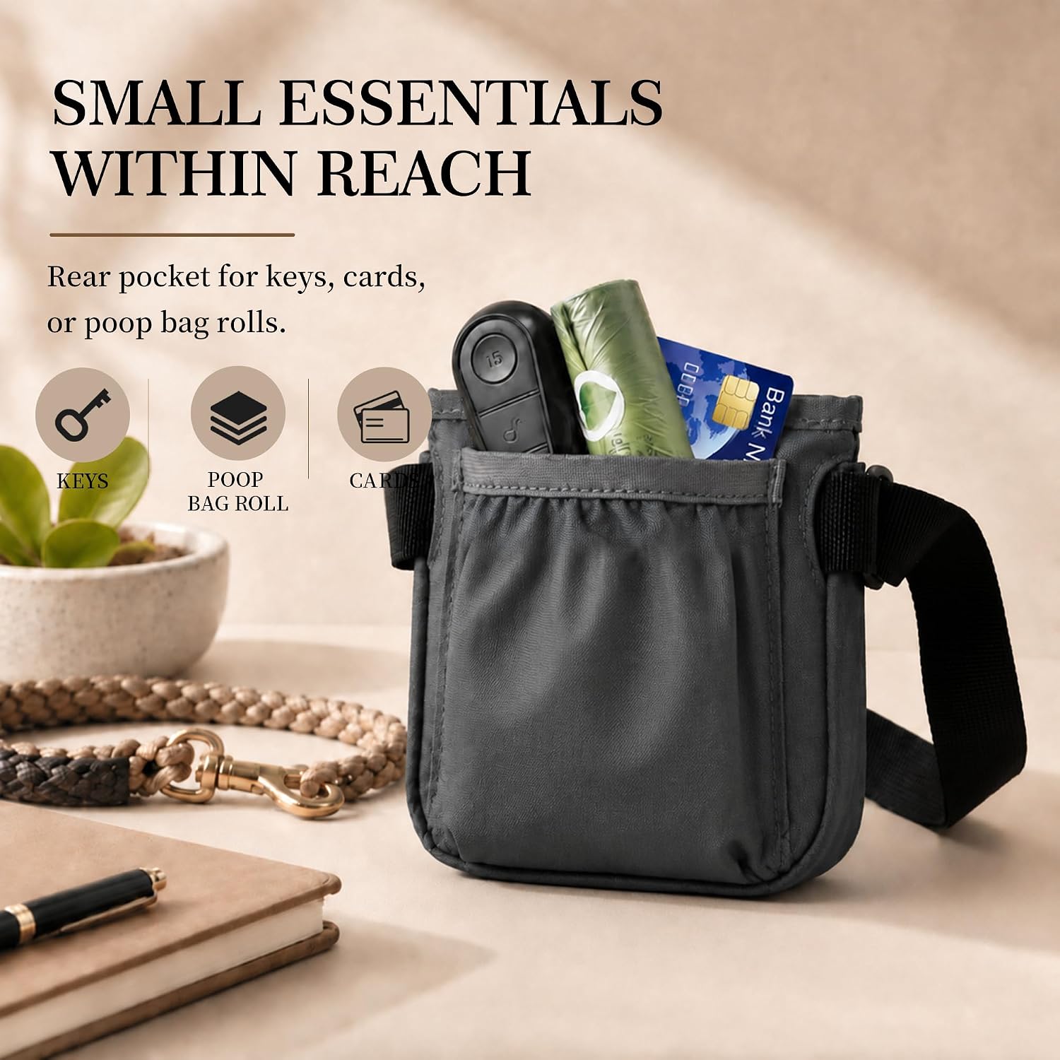 Dog Treat Pouch for Walks & Training, Stylish & Compact Treat Bag | Quick One-Hand Access, 1–1.5 Cup Capacity, Easy-Clean TPU Lining, Magnetic Closure, Rear Pocket for Keys & Essentials