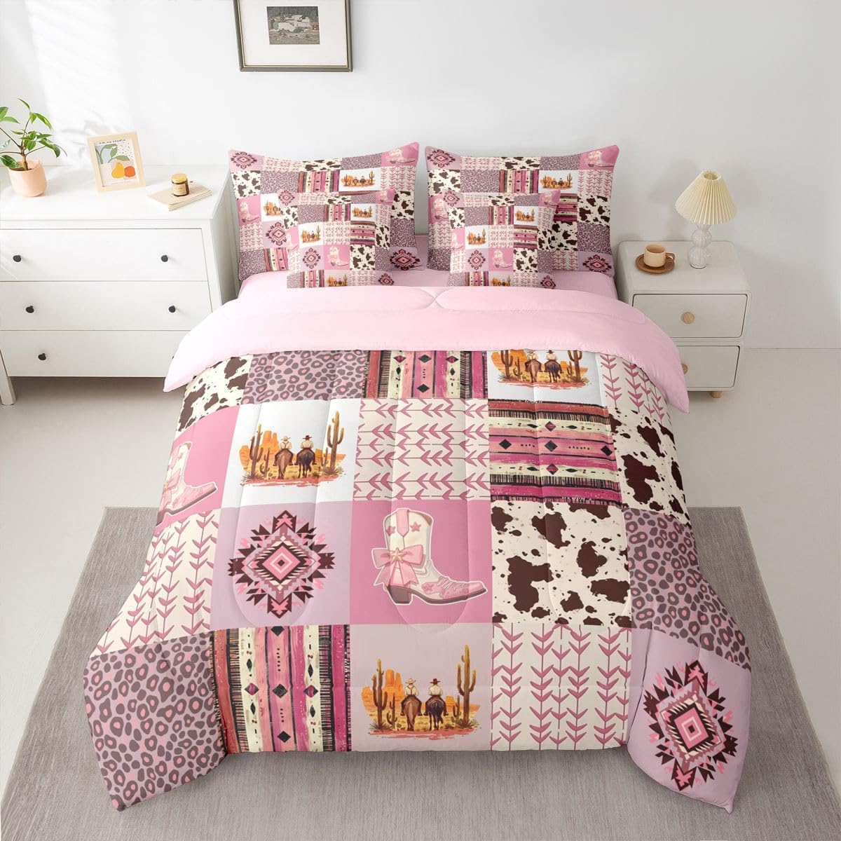 Erosebridal Girls Geometric Western Queen Comforter Set Cowgirl Pink Western Boots Bed in a Bag Leopard Cheetah Cow Print 7-Piece Bedding Set Trendy Girly Country Farmhouse Style Quilt Duvet Sets