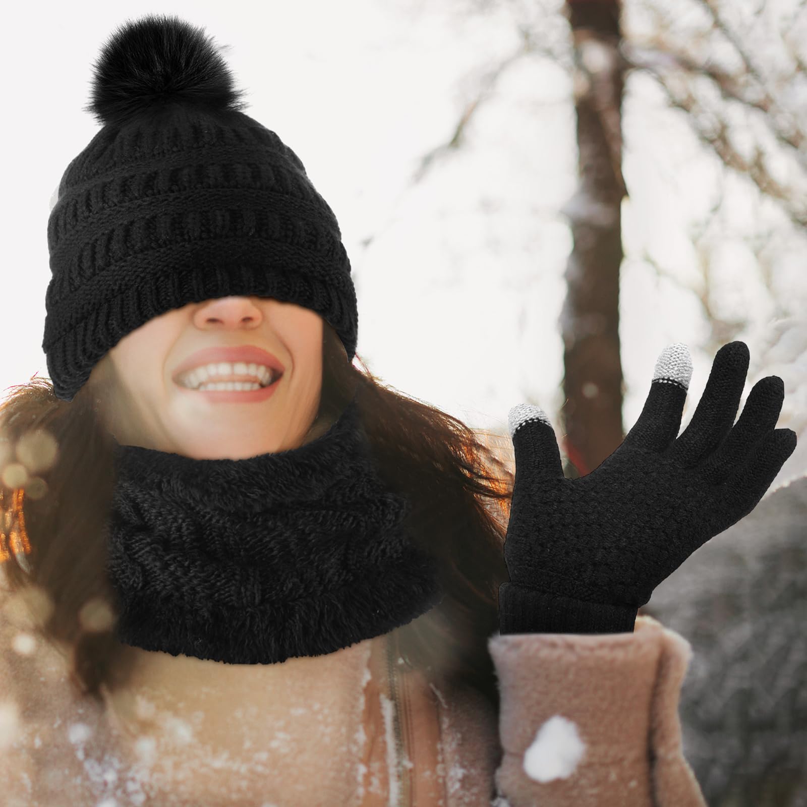 SATINIOR 5 Pcs Winter Hat Scarf Gloves Set Fleece Warm Lined  display picture 2
