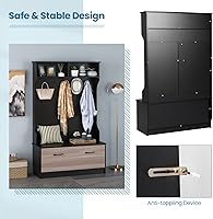 Vista 7 de Tangkula Hall Tree con perchero y banco de almacenamiento, perchero multifuncional con banco de entrada, 5 ganchos dobles, organizador independiente