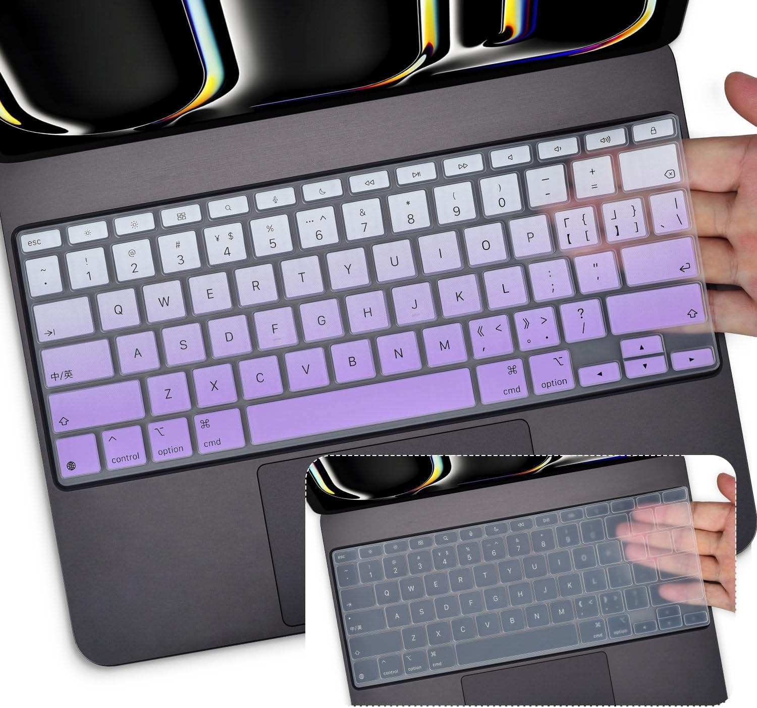 DAMMOMKO 2PCS Keyboard Cover Skin for 2024 iPad Pro 13 inch M4 Chip (A2925/A2926) Magic Keyboard, iPad Pro 13" M4 Keyboard Protective Accessories, Gradual Purple+Clear