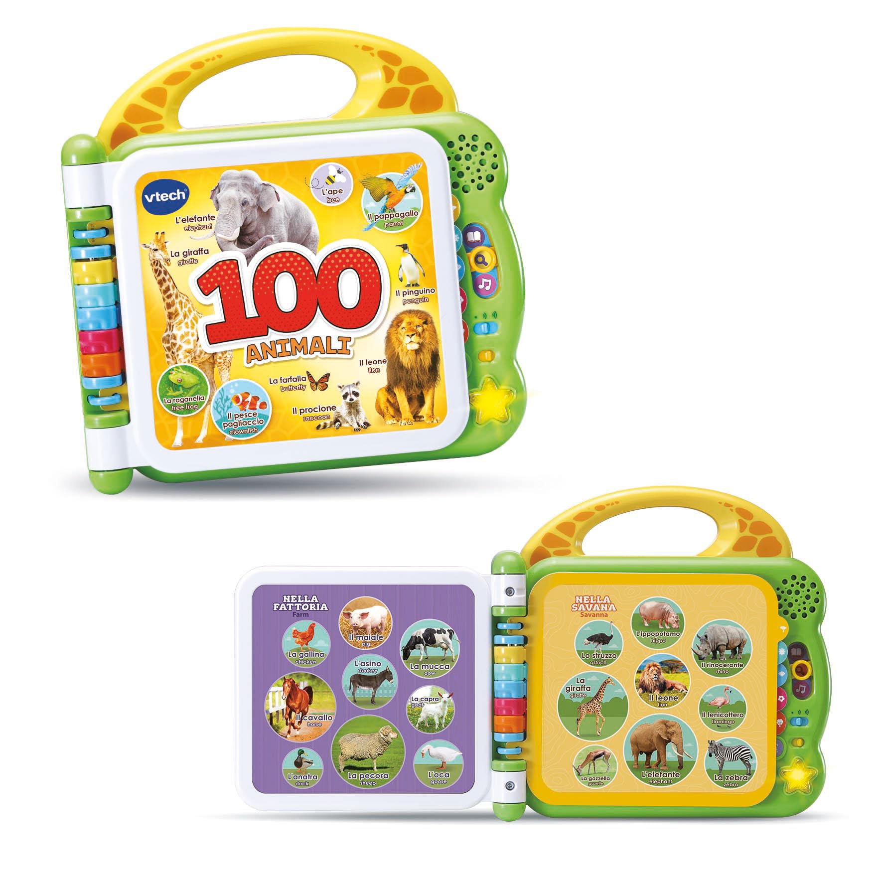 VTech Libro ilustrado bilingüe – 100 Animales para niños, sensorial en Italiano e inglés, bebé con 3 Modos, Pilas Incluidas, 2-5 años