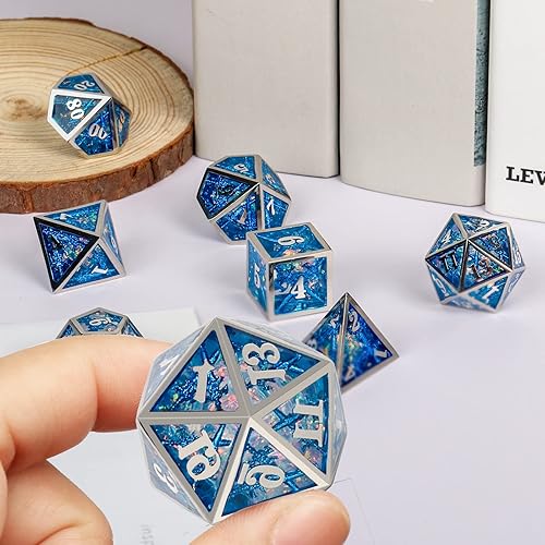 Miniatura 5 de Dados DND, dados de metal huecos D&D, dados de resina de doble espada con caja de regalo para juegos de mazmorras y dragones, 7 piezas de dados