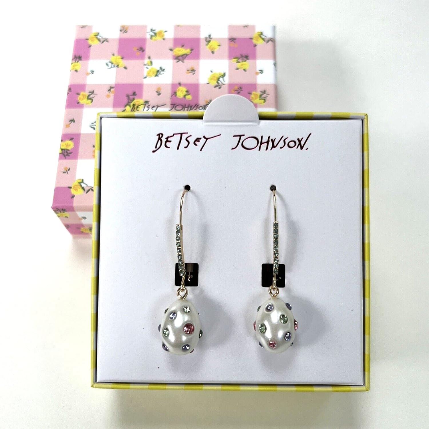 Betsey Johnson Gold Tone White Faux Pearl Egg Shaped Drop Earrings Crystal Great Easter Gift Idea Mother's Day Valentine's Day Birthday Present New Year XMAS GIFTS Unique Accessories Jewelries