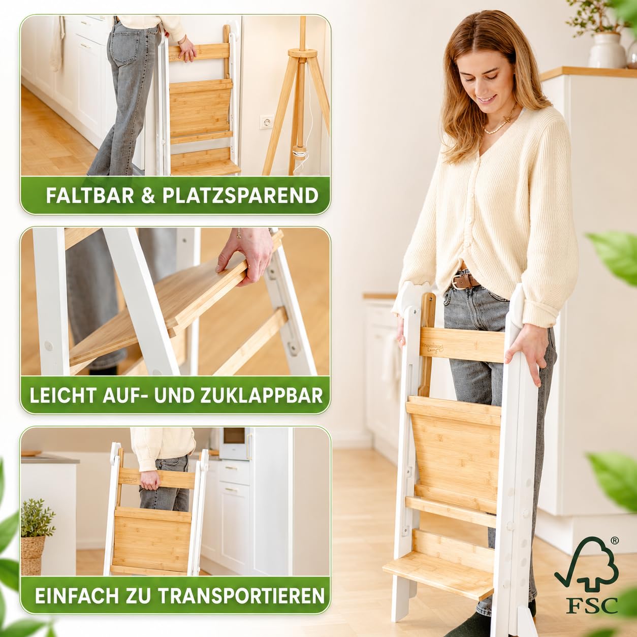 Lernturm Montessori aus Bambus, Klappbar, Tritthocker, Schemel für Kinder | Platzsparend, Höhenverstellbar, Kippschutz & Anti-Rutsch-Trittfläche, Für Kinder ab 1 Jahr