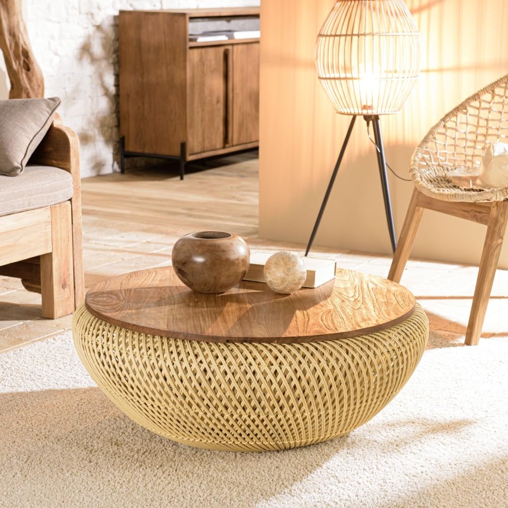 Table basse ronde rotin beige 80x80cm plateau amovible salon