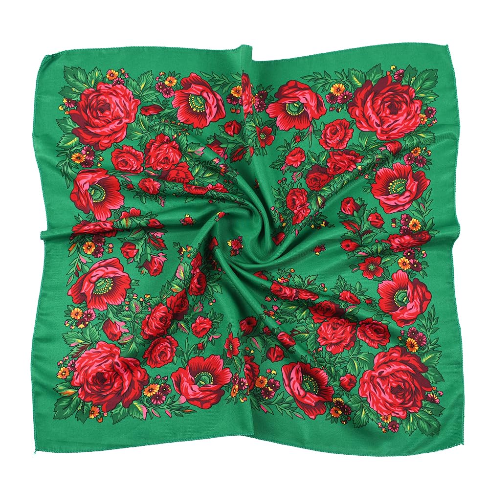Zgydnm Women's Green Spring And Autumn Bohemian Style Flowers Head Scarf Shawl,70X70cm(Green) Russian And Ukrainian Style Square Shawls Scarves