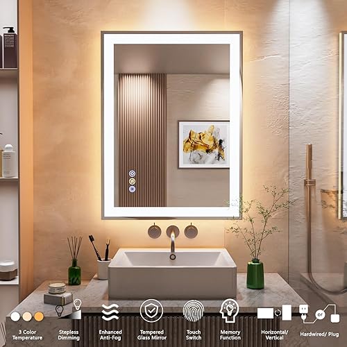 Miniatura 7 de Espejo LED de 24 x 32 pulgadas para baño, espejo de pared LED controlado por separado y retroiluminado, espejo de tocador LED con luces, regulable