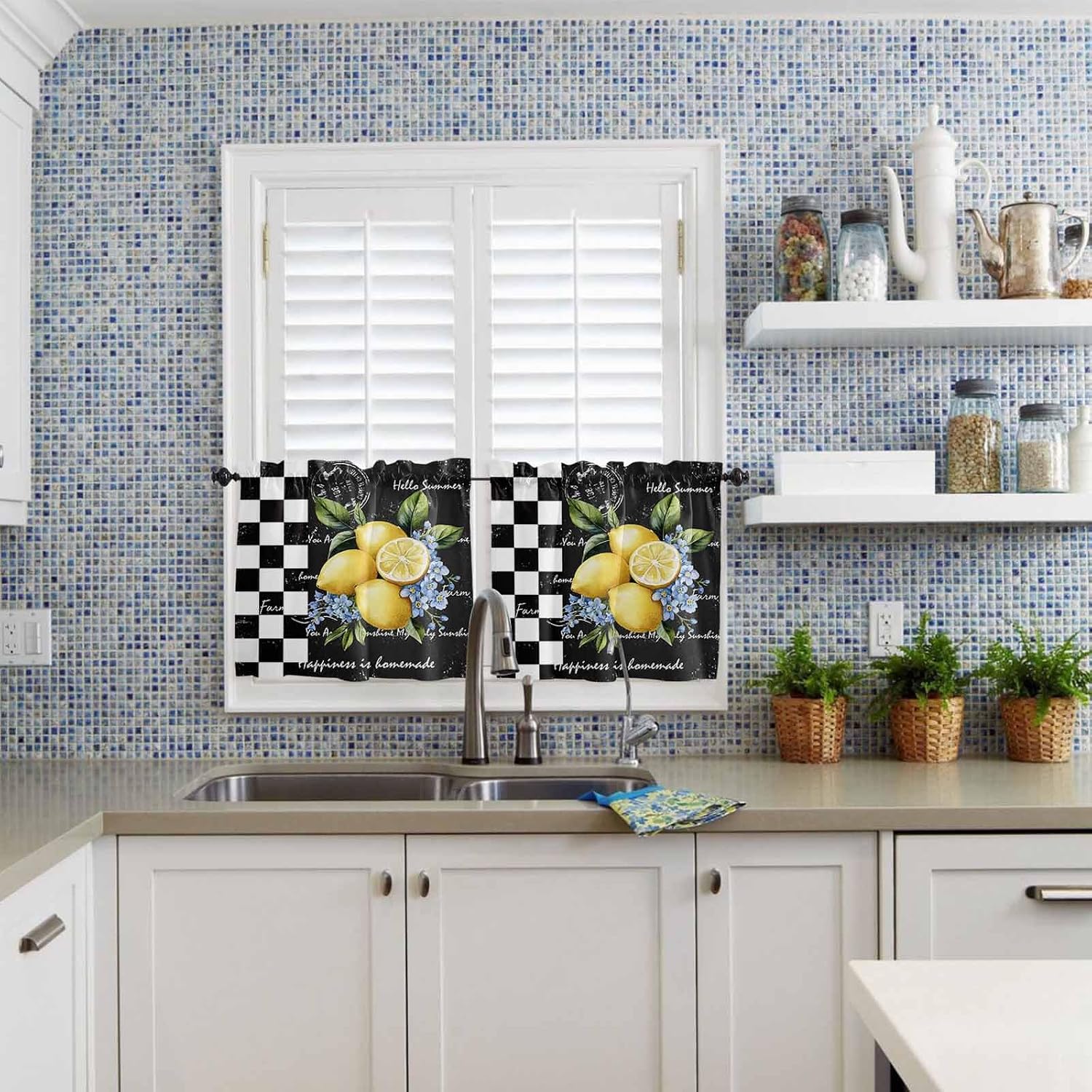 Semi Sheer Kitchen Curtains and Valances Set Vintage Style Black White Plaid Summer Farm Lemons Valance and Tier Curtains 3 Piece, Rod Pocket Window Valances Short Drapes for Bedroom Living Room