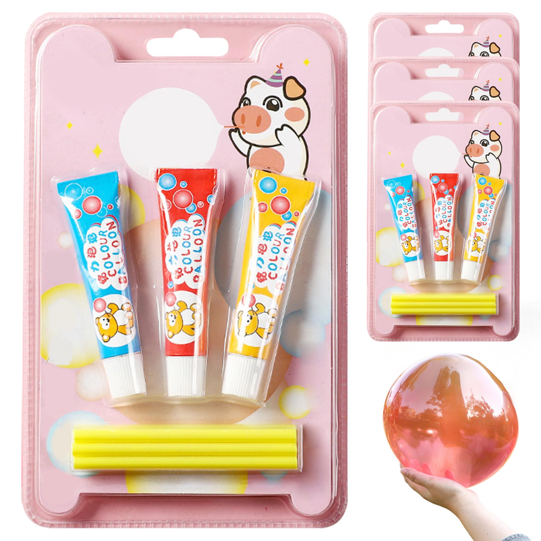 Otbushit 4 Sets Bubble Balloons, Plastic Bubbles with Straw, Safe & Fun Blow Plastic Bubbles for Kids, Portable Bubble Toys for School, Party, Indoor, Outdoor, Birthday