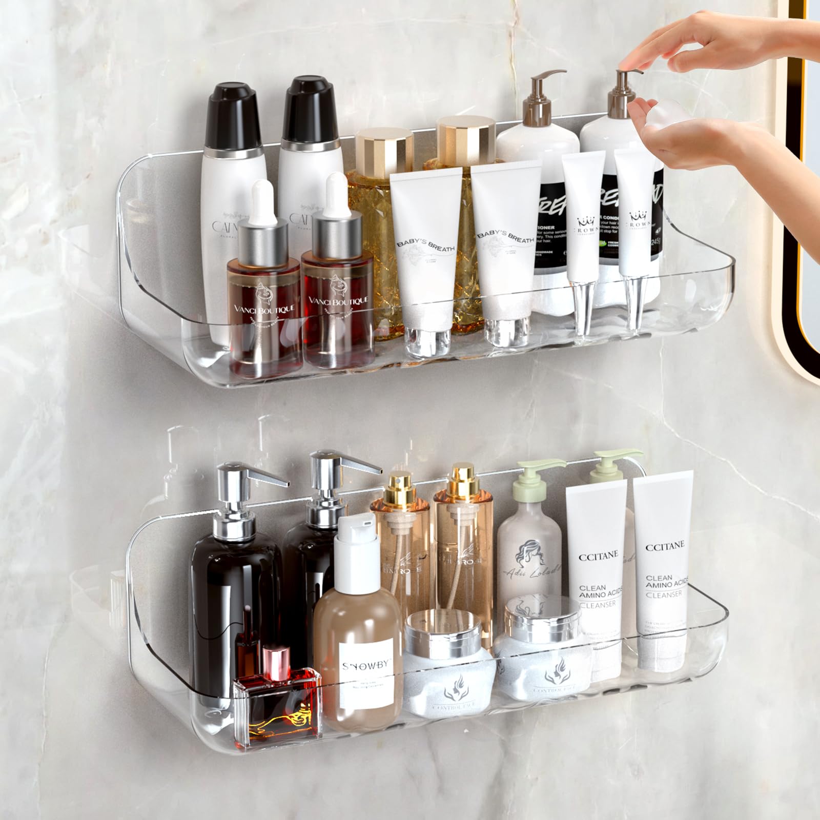 Lsnisni Acrylic Shower Shelves 2 Pack Adhesive Clear Bathroom Shelf Plastic Shower Caddy with Self Adhesive Tape No