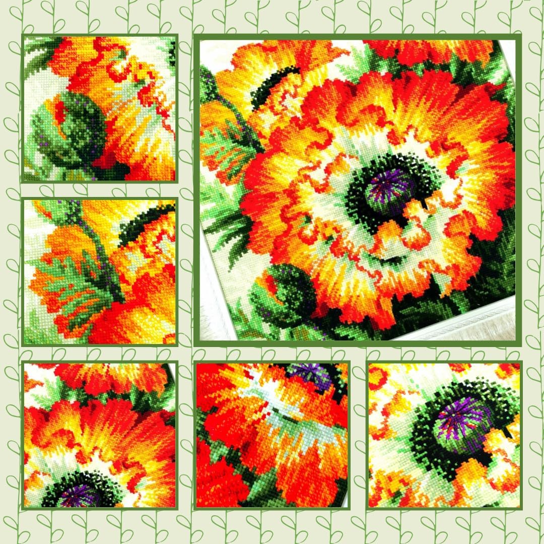 RIOLIS - Fire Poppies 2080, Cross Stitch Kits 15¾" x 15¾", Cross Stitch Kits for Beginners & Advanced, Crossstitching Kit Adult, Embroidery Counted Stitching Kit