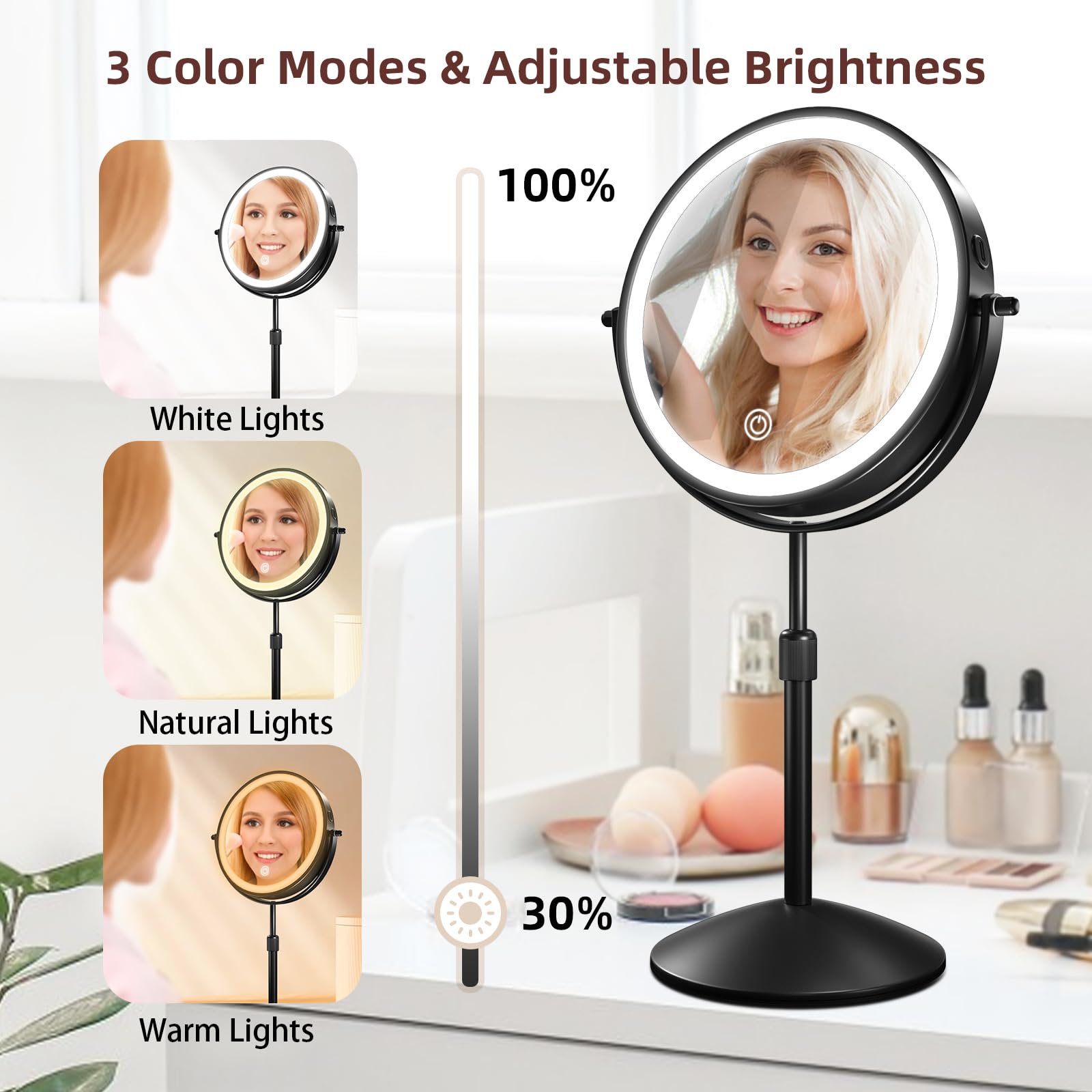 Omobolanle Specchio da trucco da 17,8 cm con luci, ingrandimento 10x, regolabile in altezza, specchio per trucco illuminato per scrivania, ricaricabile a 360°, girevole a 360°, specchio cosmetico a