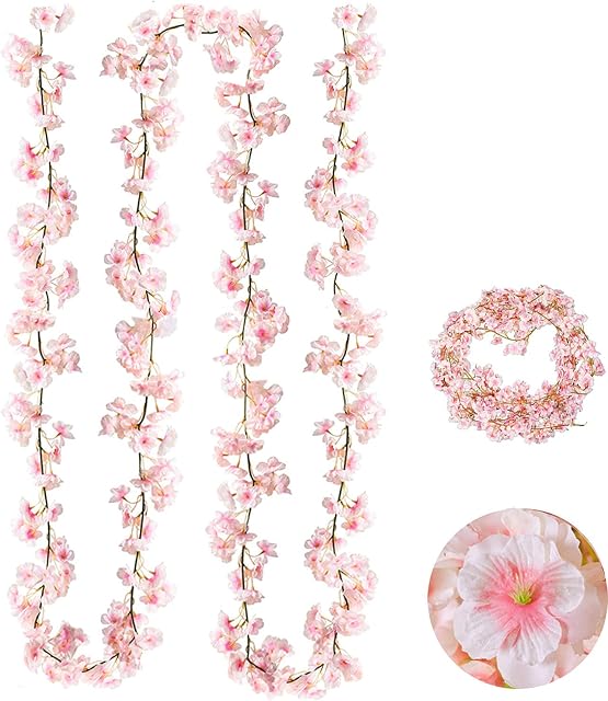 Qune 4 Pack Artificial Cherry Blossom Wall Hanging Cherry Vine Silk Floral Garland Flowers String Fake Flower Hanging Garland for Wedding Indoor Outdoor Fireplace Wall Home Garden Party Decoration