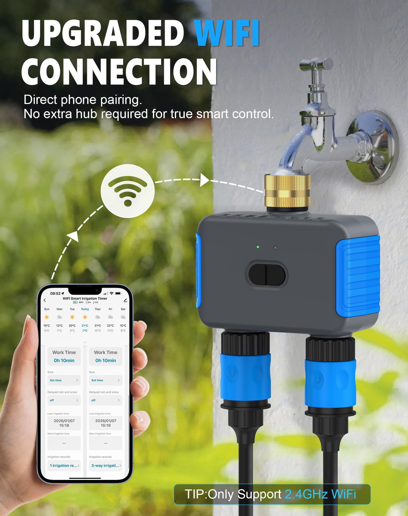 WiFi Sprinkler Timer, Smart Bluetooth Hose Timers, Water Timer for Garden Hose with APP, Digital Automatic Irrigation System Compatible with Alexa Google, for Outdoor Garden Lawn, 2 Outlet — view 2