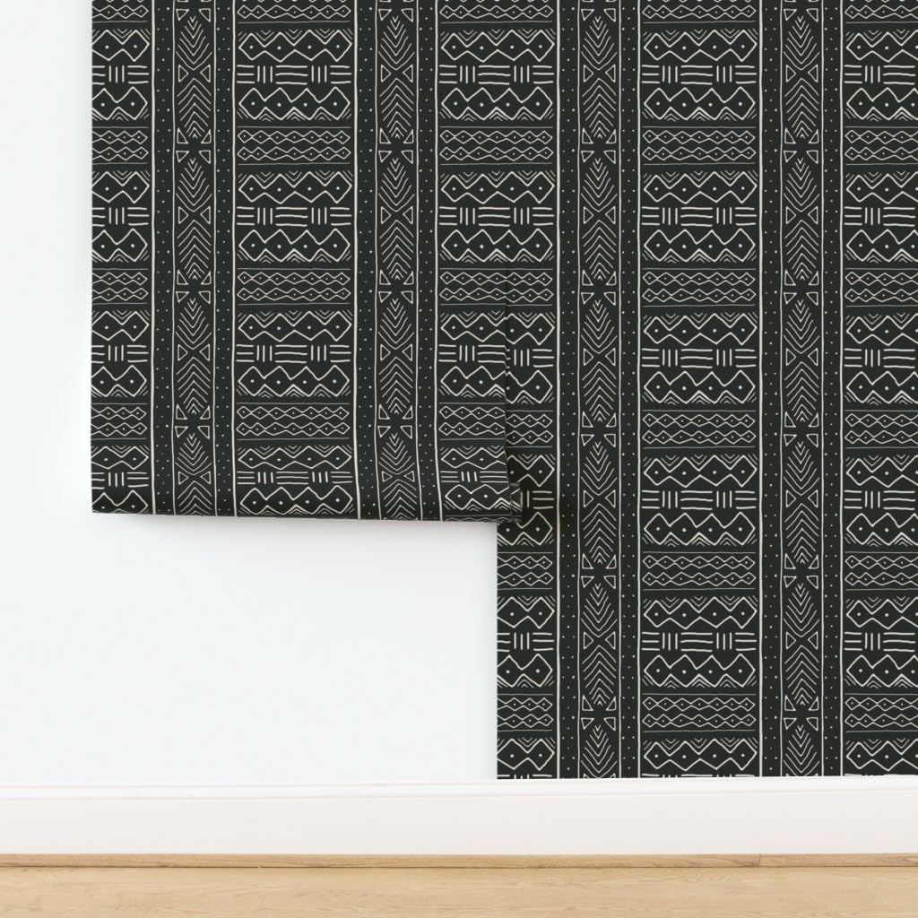 Peel & Stick Wallpaper Swatch - African Inspired, Mudcloth, Bone White On Black, Tribal, Boho Custom Removable Wallpaper by Spoonflower