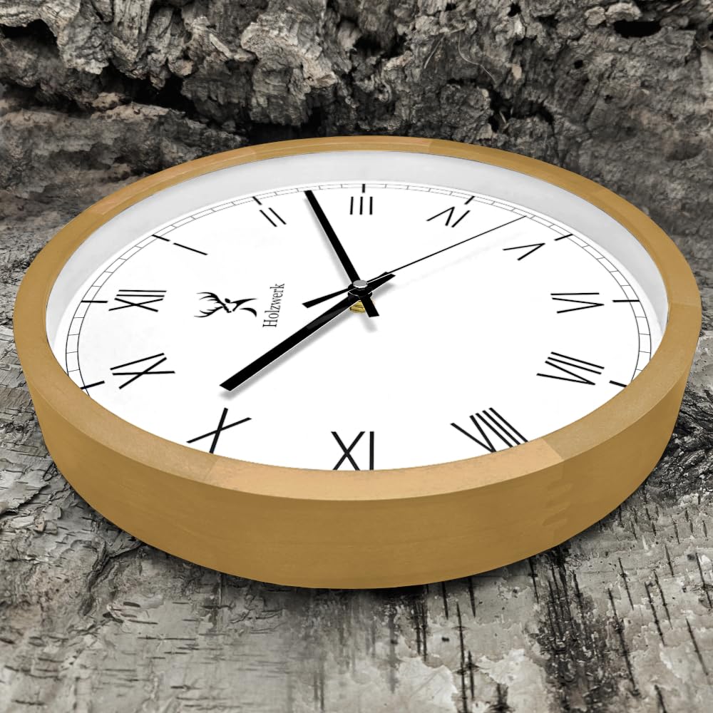 Holzwerk Germany Natur Holz Wanduhr Holz-Uhr Vintage lautloses Uhrwerk ohne Tickgeräusche römische Ziffern Braun Weiß lautlos aus handgefertigtem Massivholz Natur 30 cm (Römisch.Buche)