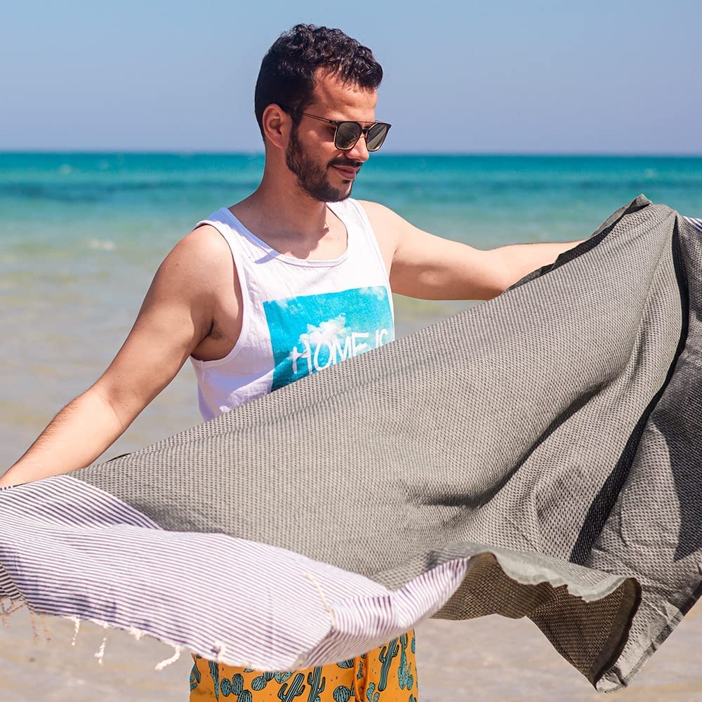SOLTAKO Fouta Plage - Nid d'Abeille - Lot de 2 Fouta XXL - Serviette Plage Anti Sable - Drap de Bain pour Hammam, Sauna - Serviette Grande Taille - 100x200 cm - Drap 2 Personnes
