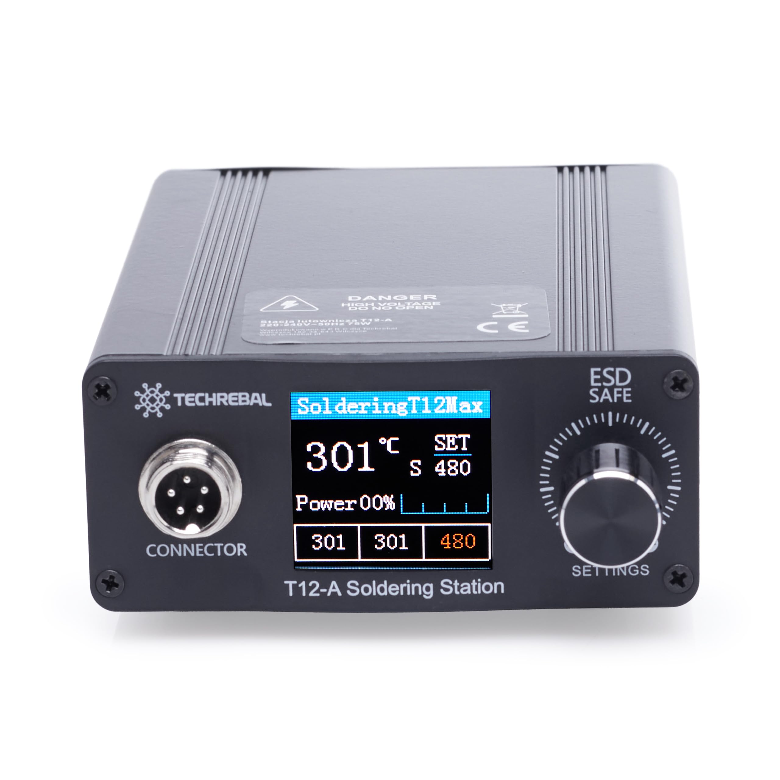 Stacja lutownicza Techrebal T12A Ulepszona wersja 75W Zakres temperatury 100°C - 480°C Kolorowy wyświetlacz TFT Funkcja Sleep Szybka wymiana grota